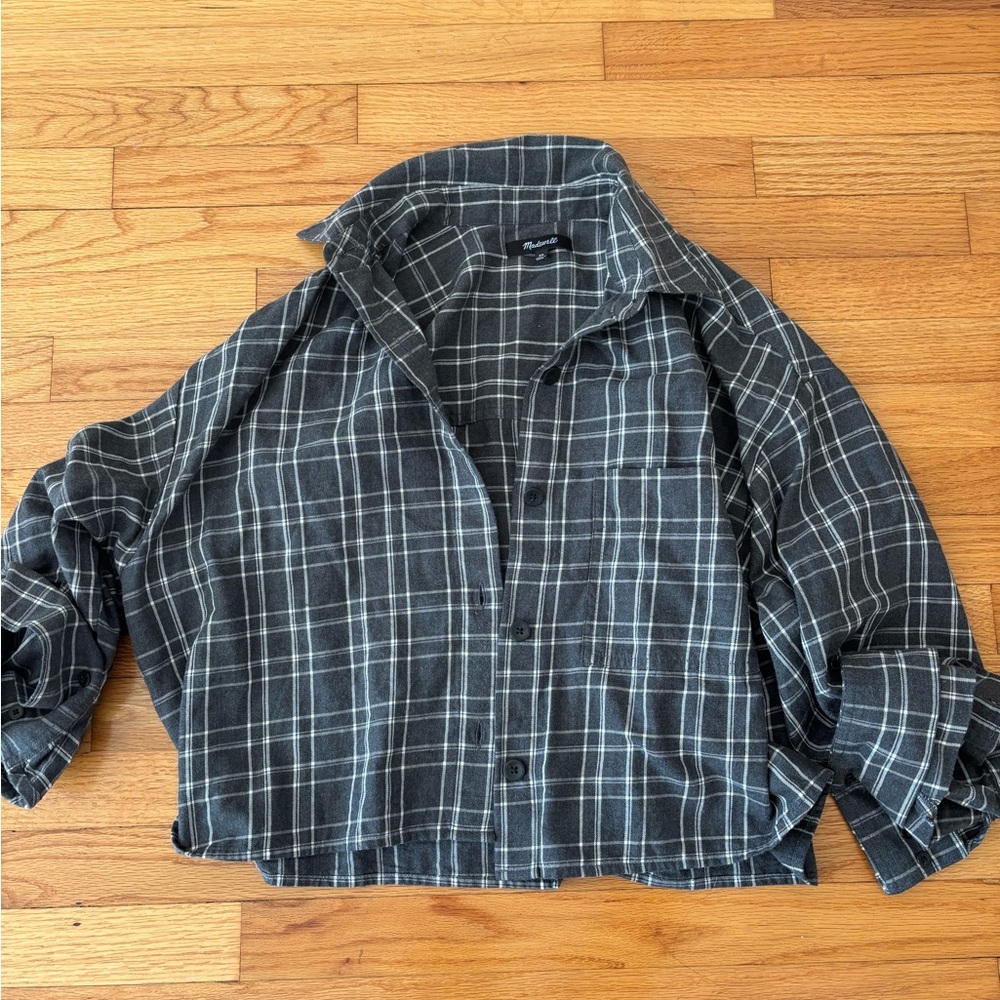 Madewell cropped gray flannel plaid shirt